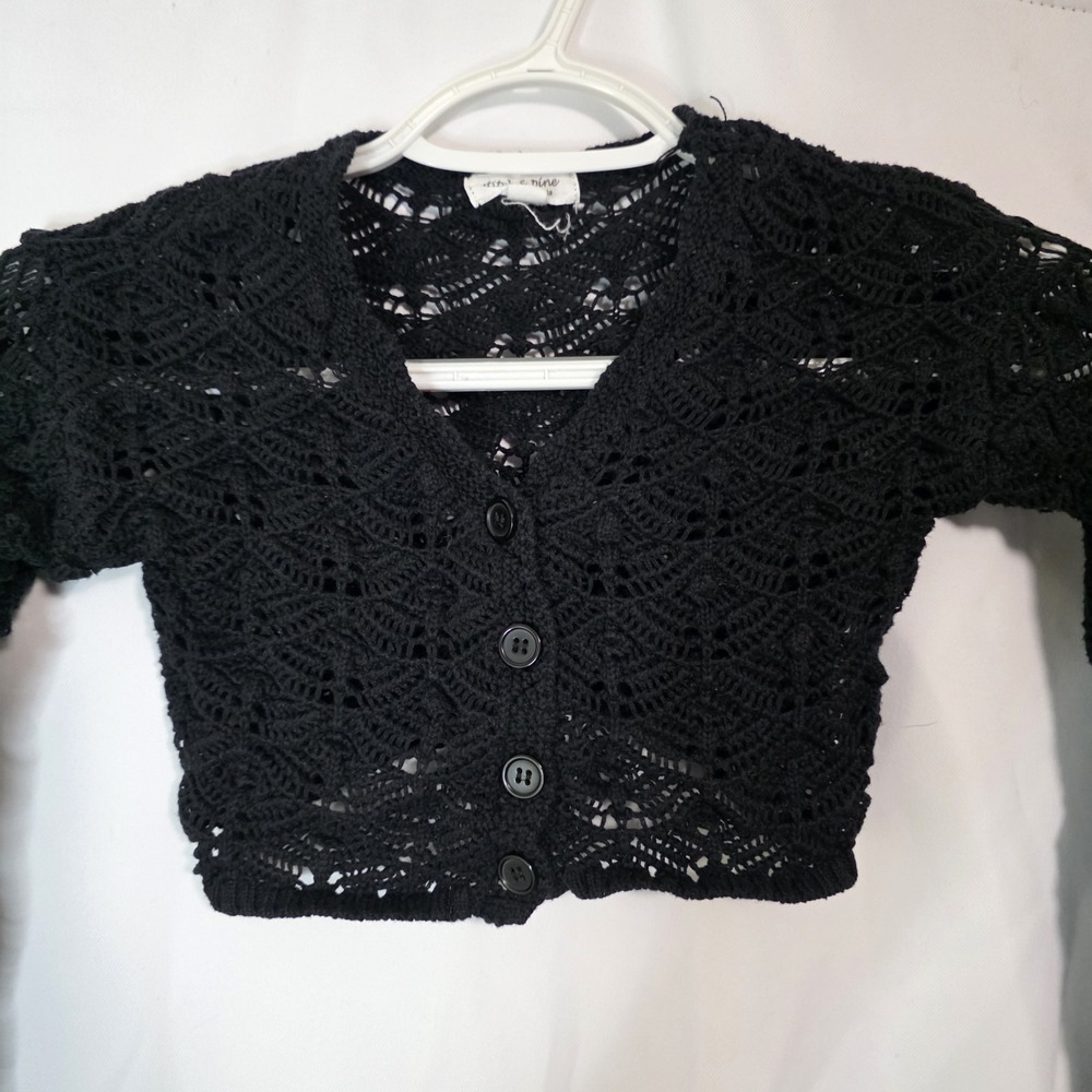 Cropped Cardigan Kids Size 6 Black Excellent Crochet Open Knit Shrug Bolero Boho
